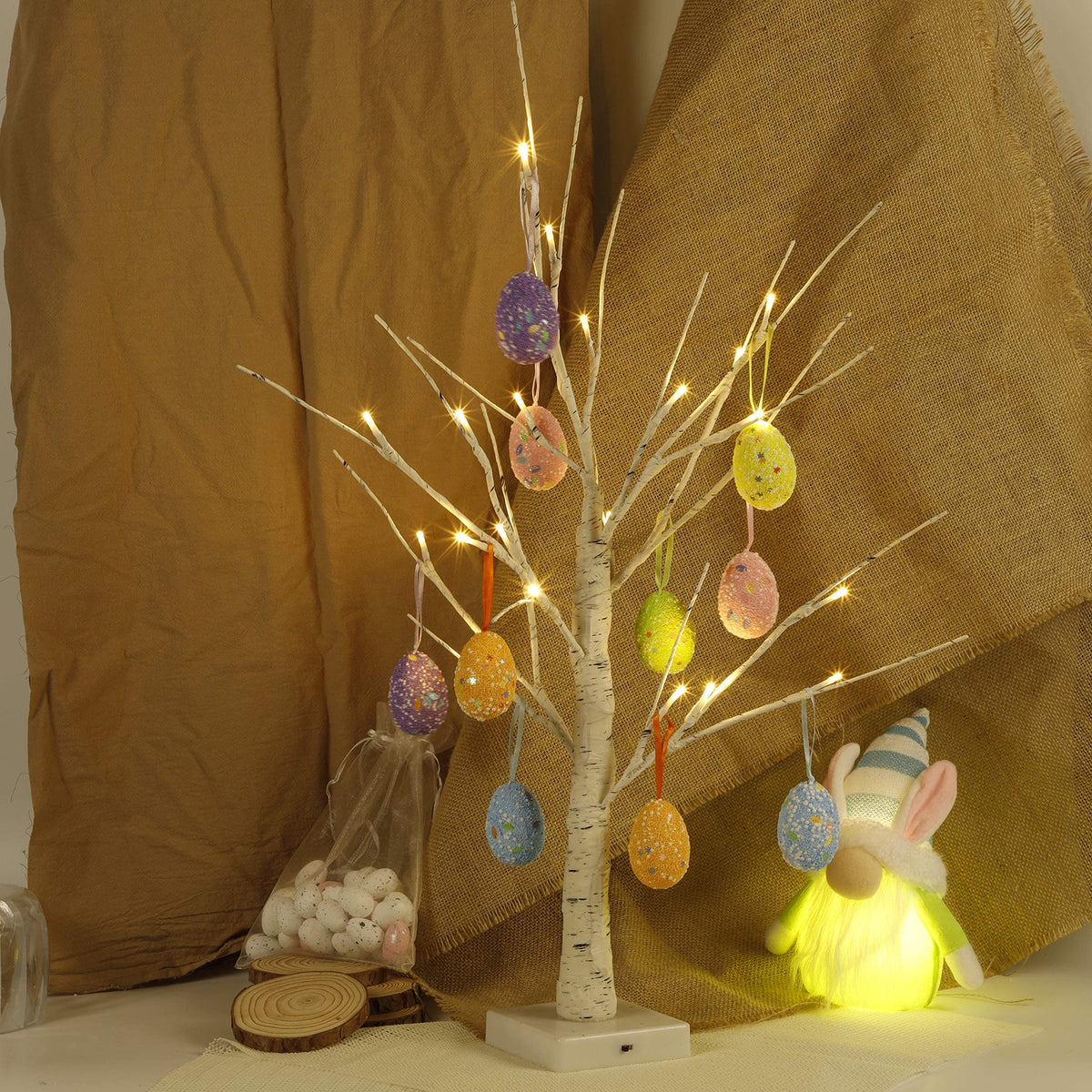 Easter Decorations kemooie 24 Inch Pre-lit White Birch Tree with 10 Hanging Easter Egg Ornaments, 24 Led Lights Battery Operated Easter Table Centerpiece for Party Birthday Home Spring Decoration