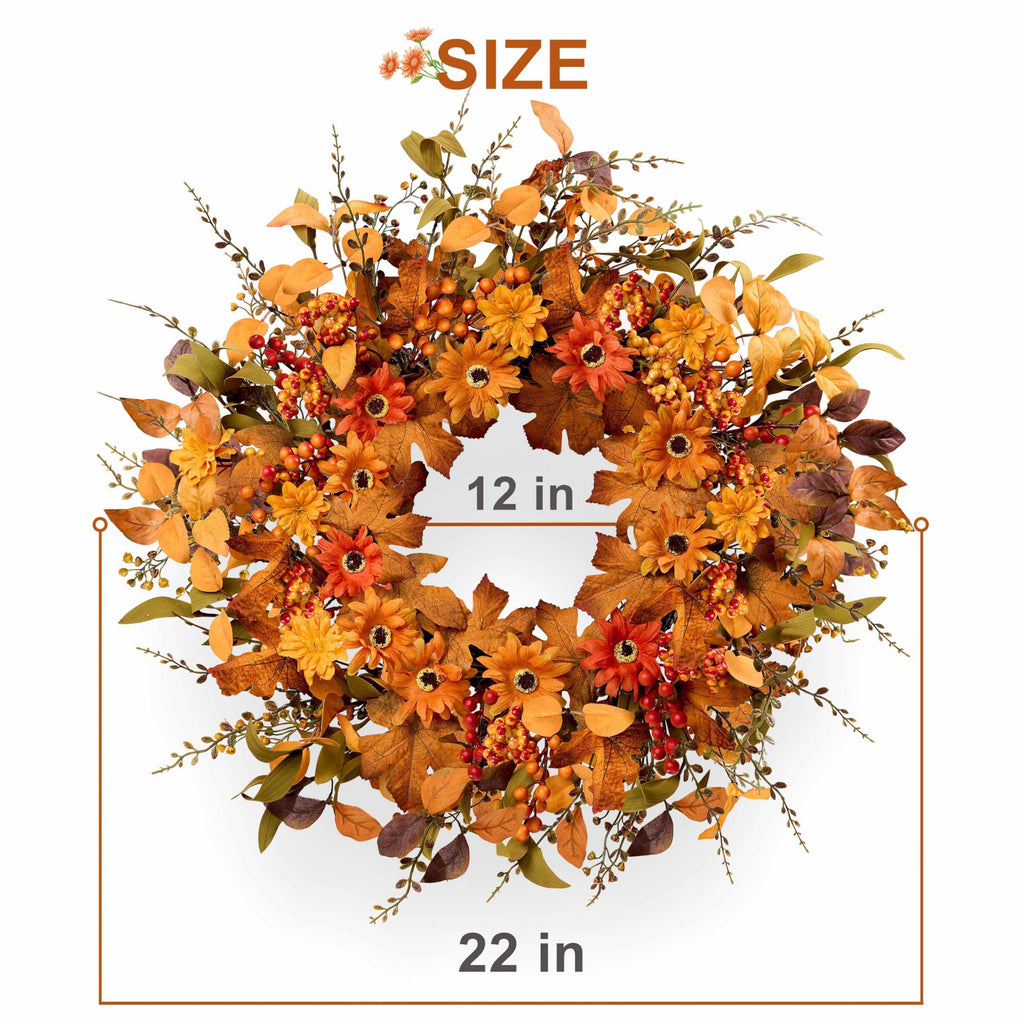 MAINGKAUNG Artificial Fall Wreath 22 Inch Fall Wreaths for Front Door with Orange Berries Daisies Eucalyptus Leaves Autumn Door Wreaths for Thanksgiving Harvest Festival Wall Porch Farmhouse