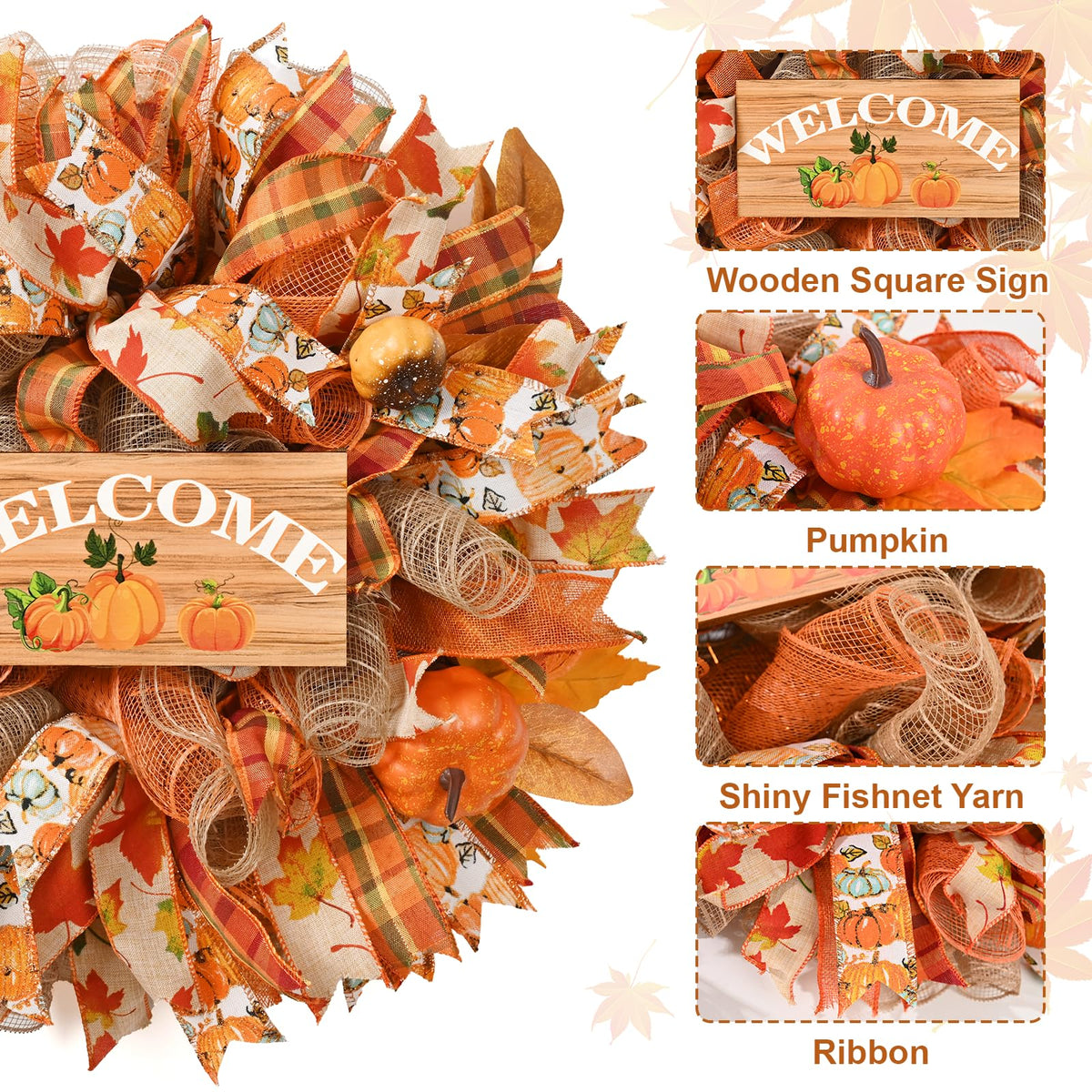 Waipfaru Fall Wreaths for Front Door, Fall Mesh Wreath with Wooden Sign Fishnet Yarn Autumn Pumpkin, Thanksgiving Halloween Decorations for Home, Porch Decor(18-20 Inch)