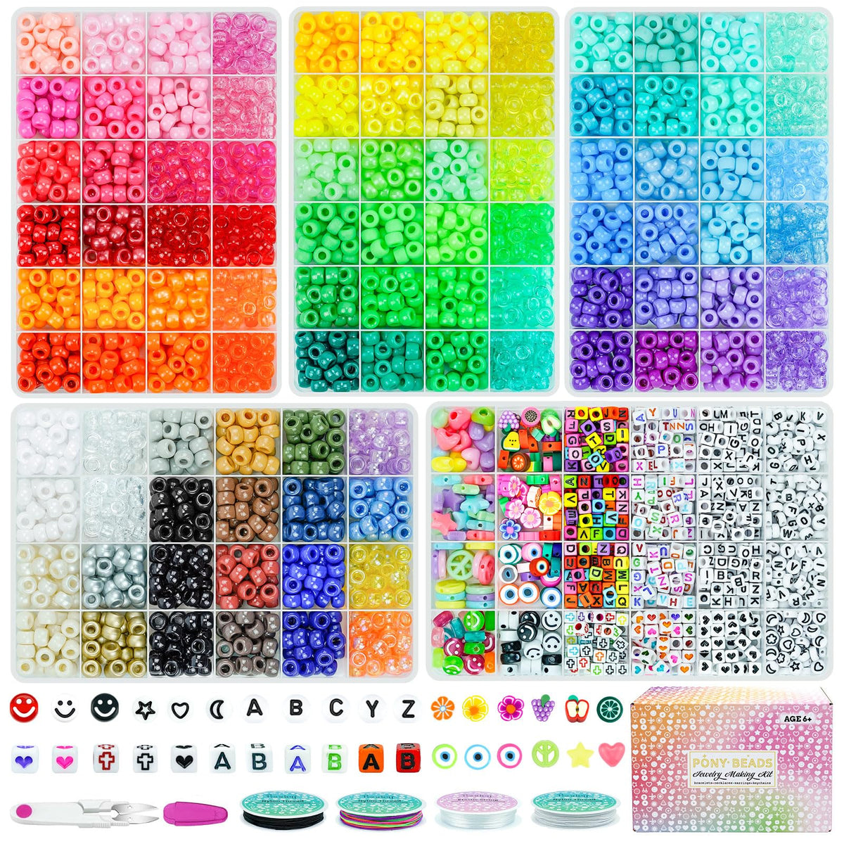 5 Boxes Bracelet Making Kit Pony Beads, 96 Colors 6x9mm Kandi Rave Beads for Bracelets Friendship Plastic Beads with 800Pcs Letter Bead DIY Arts and Crafts for Kids Adults Keychain Jewelry Making