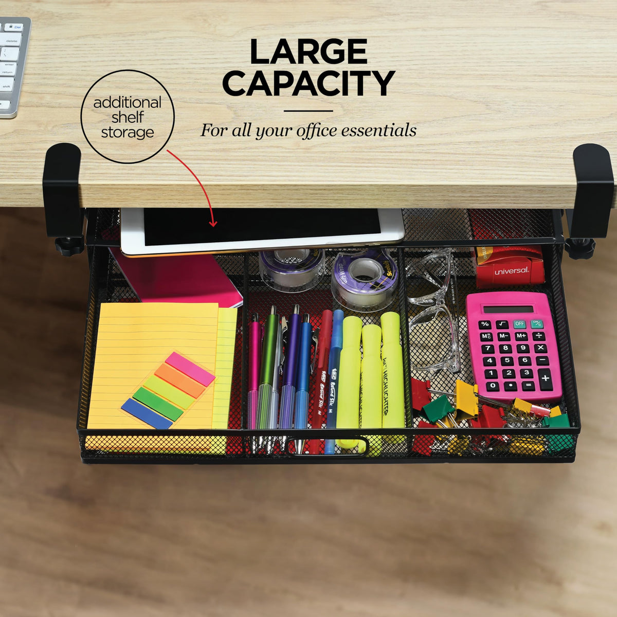 Under Desk Drawer Organizer Clamp-On, Mesh Metal Desk Drawer Attachment, 1 Drawer Slide Out, On Desk Or Under Desk Organizer For Office Supplies & Home Essentials
