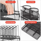 Marbrasse Desk Organizer with Drawer, 4-Tier Mesh Desk File Organizer with 5 Vertical File Holders and 2 Pen Holders, Multifunction Desktop Organizer