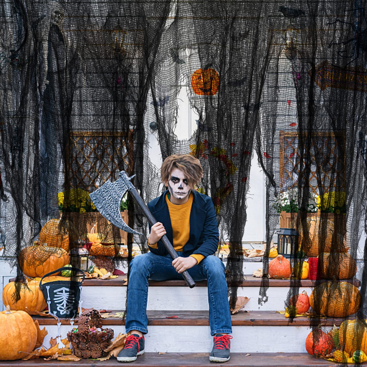 Watayo 500 x 39 Inch Large Size Halloween Black Creepy Cloth, Halloween Scary Spooky Fabric Cloth, Windows Doorways Cover Gauze Cheese Cloths for Party Haunted House Halloweens Decor Outdoor Indoor