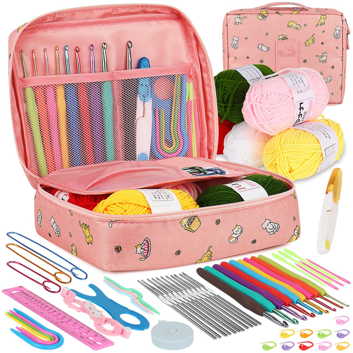 Crochet Kit for Beginners Adults, Crochet Kits Include Yarn, 59pcs Crochet Starter Kit for Beginners Kids,Ergonomic Crochet Hooks 2.0-6.0 mm, Lace Steel Needles 0.6-1.9 mm