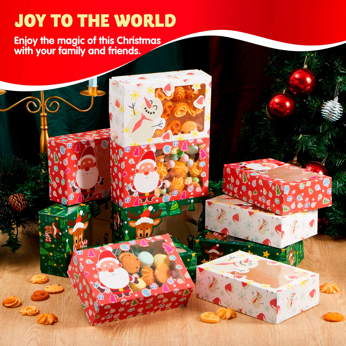 24 PCS Christmas Foil Treats Cookie Gift Boxes (8.75" x 5.75" x 2.75") Colorful Pattern Bakery Box with Window for Xmas Holiday Birthday Party Pastries, Cupcakes, Brownies, Donuts Gift-Giving