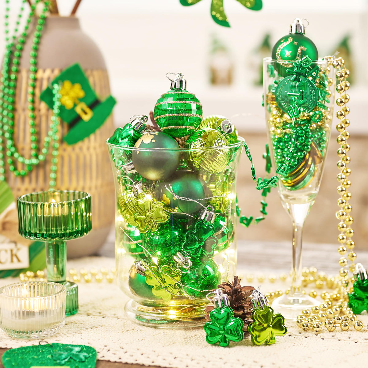 Valery Madelyn St Patricks Day Decorations Shamrock Tree Ornament Set, 28pcs 1.57inch Hanging Ball Ornament Irish Festival Decor, Good Luck Clover Green Gold Christmas Ball for Party Home Spring