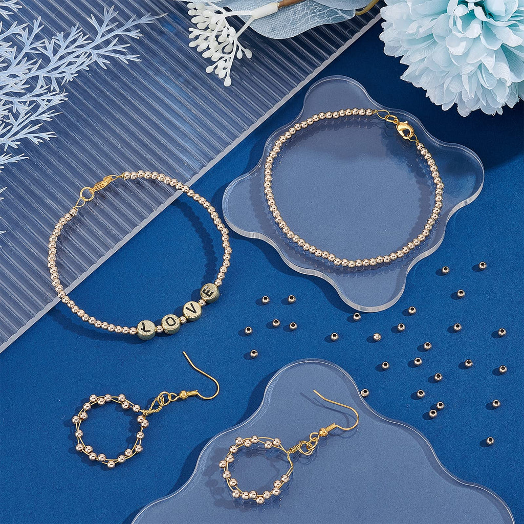 3mm 14K Gold Spacer Beads, 300pcs Mini Smooth Round Beads Seamless Ball Beads Small Brass Loose Beads Metal Beads for Summer Hawaii Layered Necklace Bracelet Jewelry Making