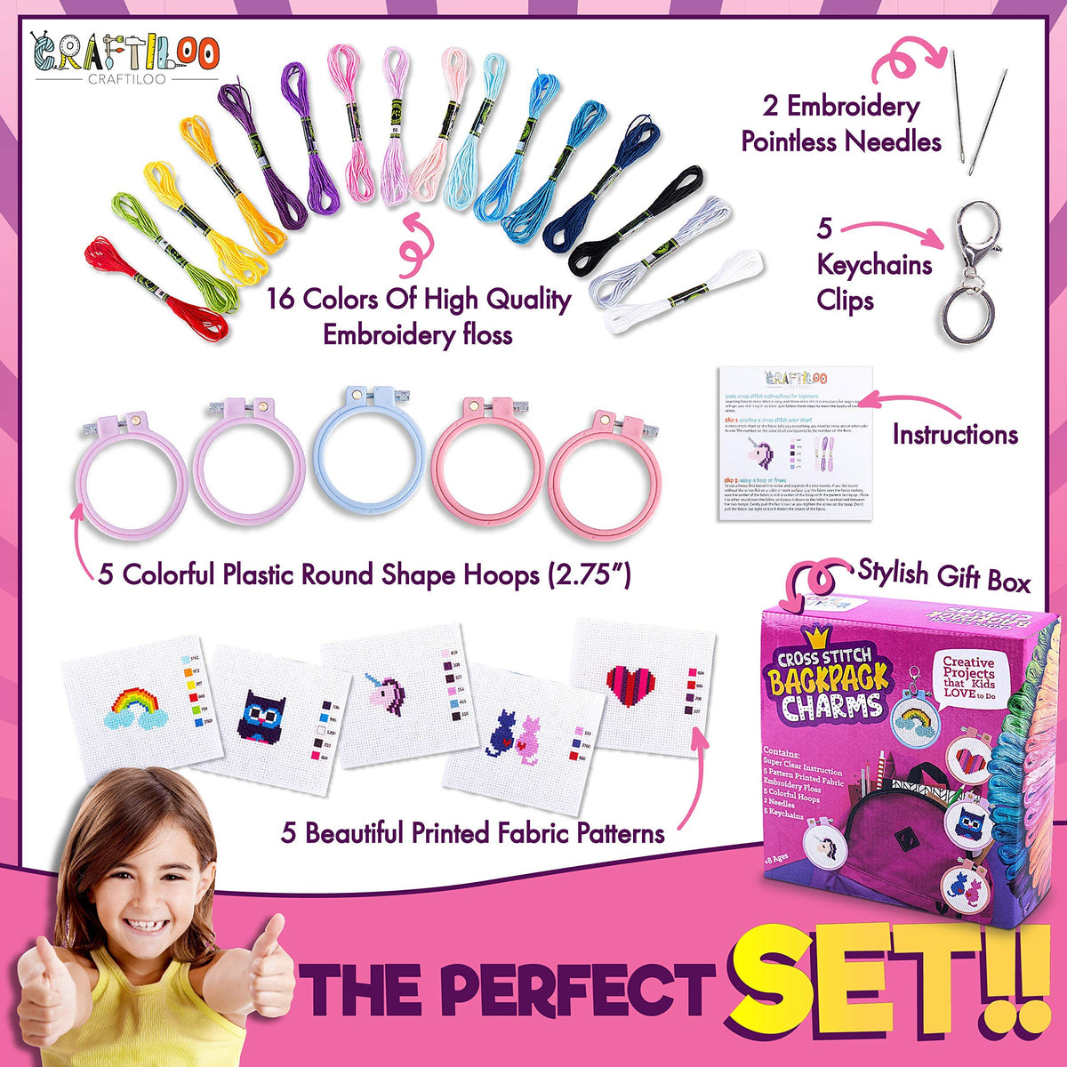 Cross Stitch Kits for Beginners. 5 Stamped Cross Stitch Kits for Kids.Needlepoint Kits for Beginners. Embroidery Kit for Kids. Crossstitch Kit for Beginners. Girls Cross Stitch kit Backpack Charms