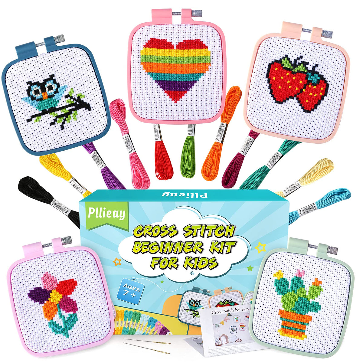 5PCS Cross Stitch Kits for Beginners for Kids 7-13, Includes 5 Project Patterned and 5pcs Square Embroidery Hoops, 11 Skeins, Needle Point Starter Kit Sewing Set with Instructions