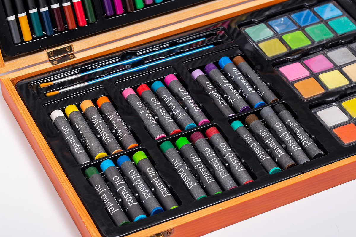 MAHITOI US 80+Piece Deluxe Artist Studio Creativity Set Wood Box Case - Art Painting, Sketching Drawing Set, 24 Watercolor Paint Colors, 24 Oil Pastels, 24 Colored Pencils, 2 Brushes, Starter Kit