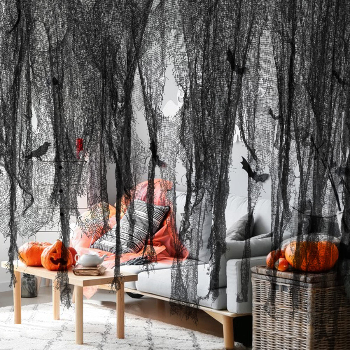 Watayo 500 x 39 Inch Large Size Halloween Black Creepy Cloth, Halloween Scary Spooky Fabric Cloth, Windows Doorways Cover Gauze Cheese Cloths for Party Haunted House Halloweens Decor Outdoor Indoor