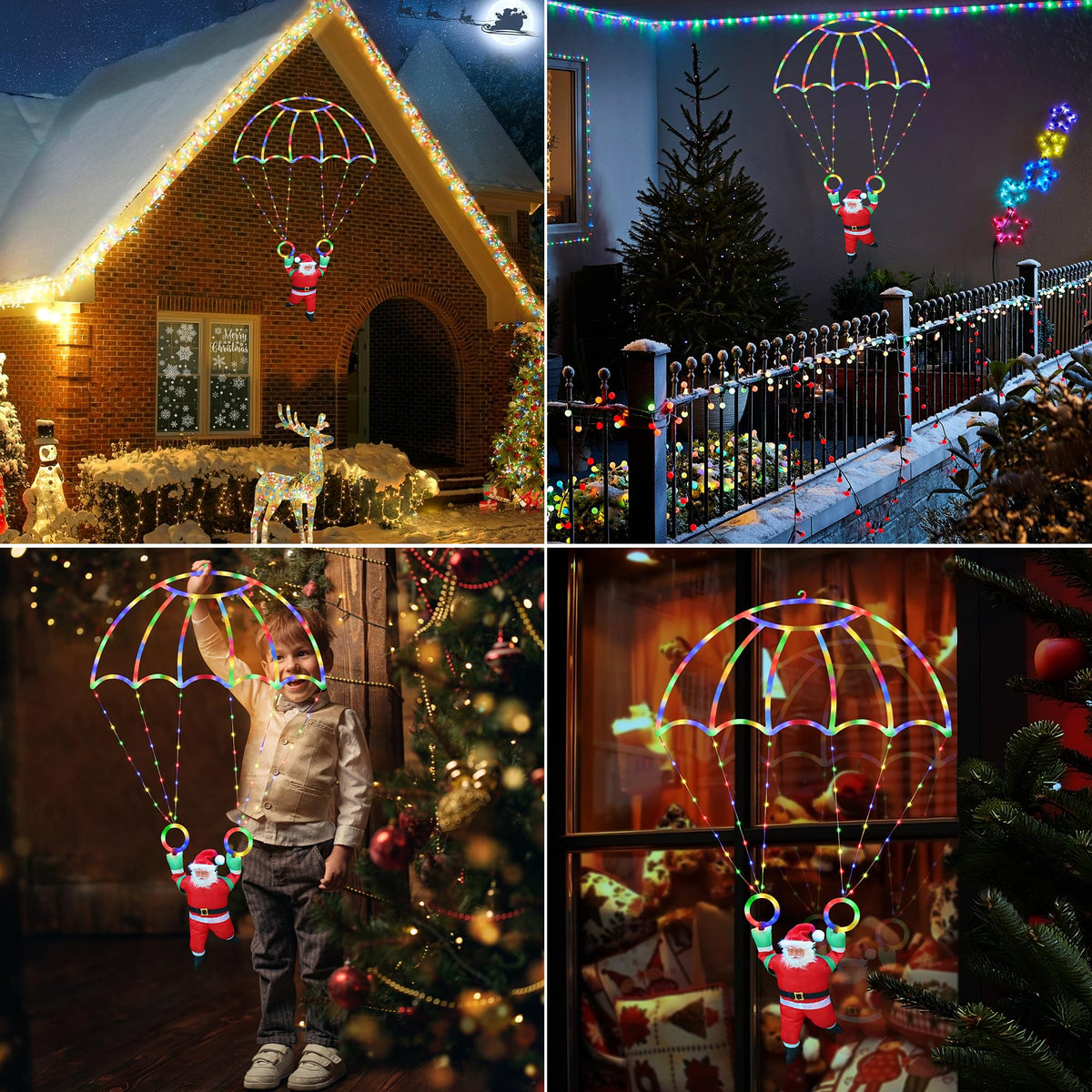 Christmas Decorations Lights Outdoor, 2.8FT Christmas Parachute Lights with Santa Claus, Waterproof 8 Modes Hanging Multicolor Xmas Light - Holiday Decorative Light for Indoor Eave Roof