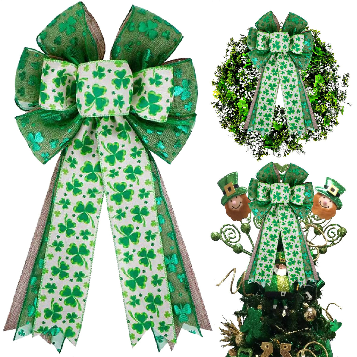 St Patricks Day Bow for Wreath Decorations,St Patricks Day Tree Topper Bows,Large Burlap White Green Glitter Shamrock Bowknot Irish Holiday Crafts Bows for Front Door Outdoor Outside