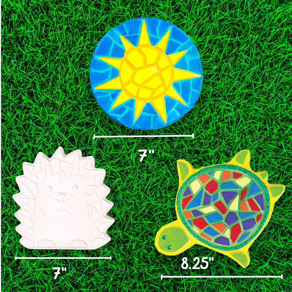 Creative Roots Mosaic Turtle, Hedgehog, & Sun Stepping Stone, Includes 3-Pack 7-Inch Ceramic Stepping Stone & 6 Vibrant Paints, Paint Your Own & DIY Stepping Stone for Kids Ages 8+