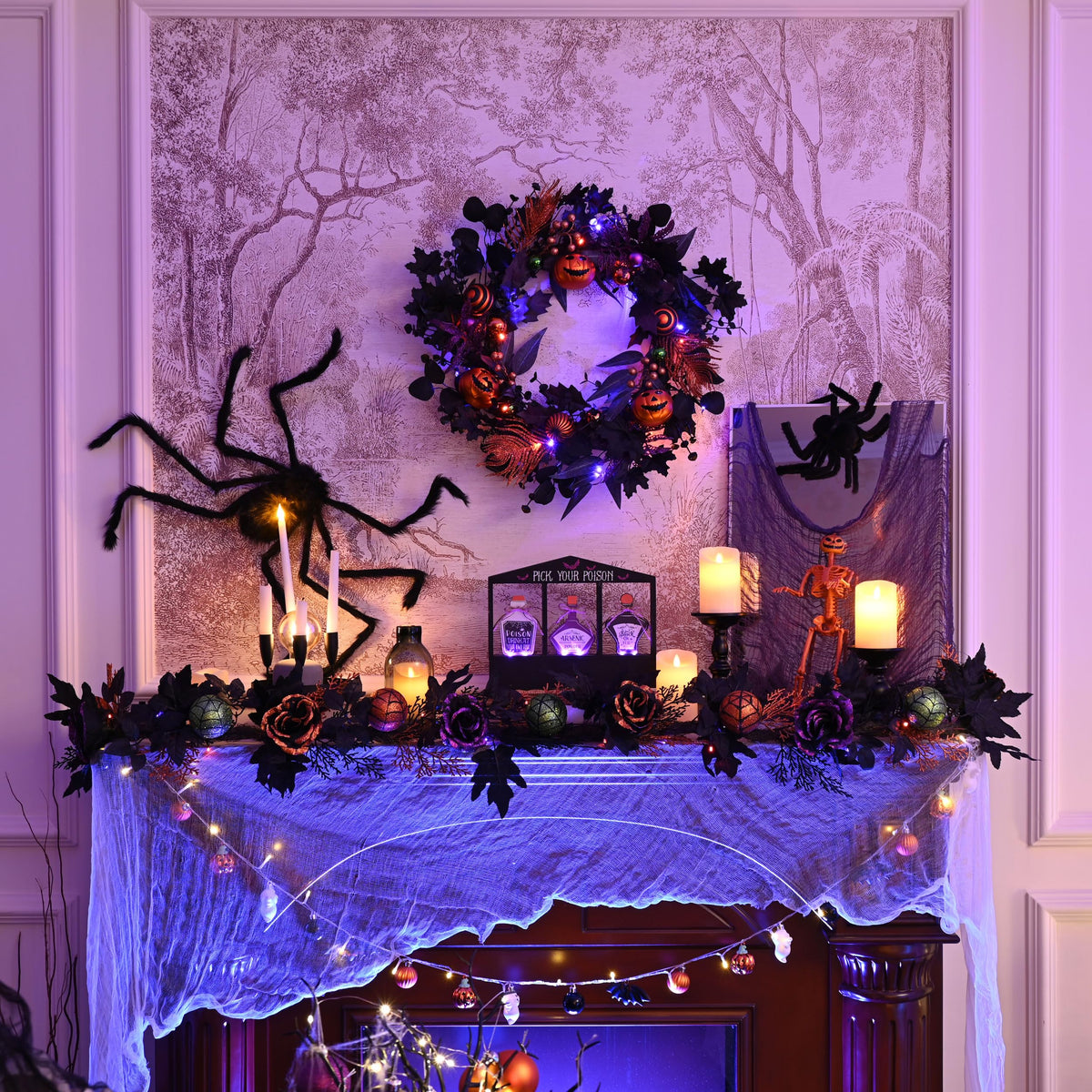 Valery Madelyn Halloween Garland with Lights, 6 Feet Pre-Lit Orange Purple Roses Black Maple Leaves Green Ball Ornaments Garland Decorations for Indoor Table Centerpiece Mantle Party Holiday Decor